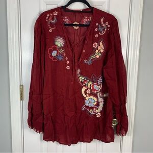 Johnny Was Red Paisley Embroidered Blouse Womens Size XL